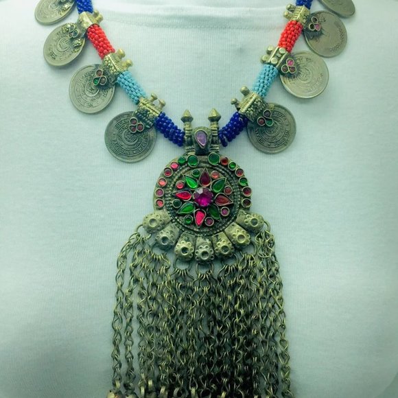 Vintage Coins Necklace With Dangling Pendant,Tribal Beaded Pendant Necklace - Picture 6 of 9